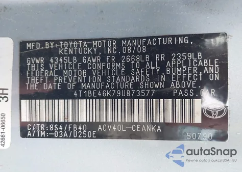 2009 Toyota Camry Le z USA, uszkodzony, nr VIN 4T1BE46K79U873577